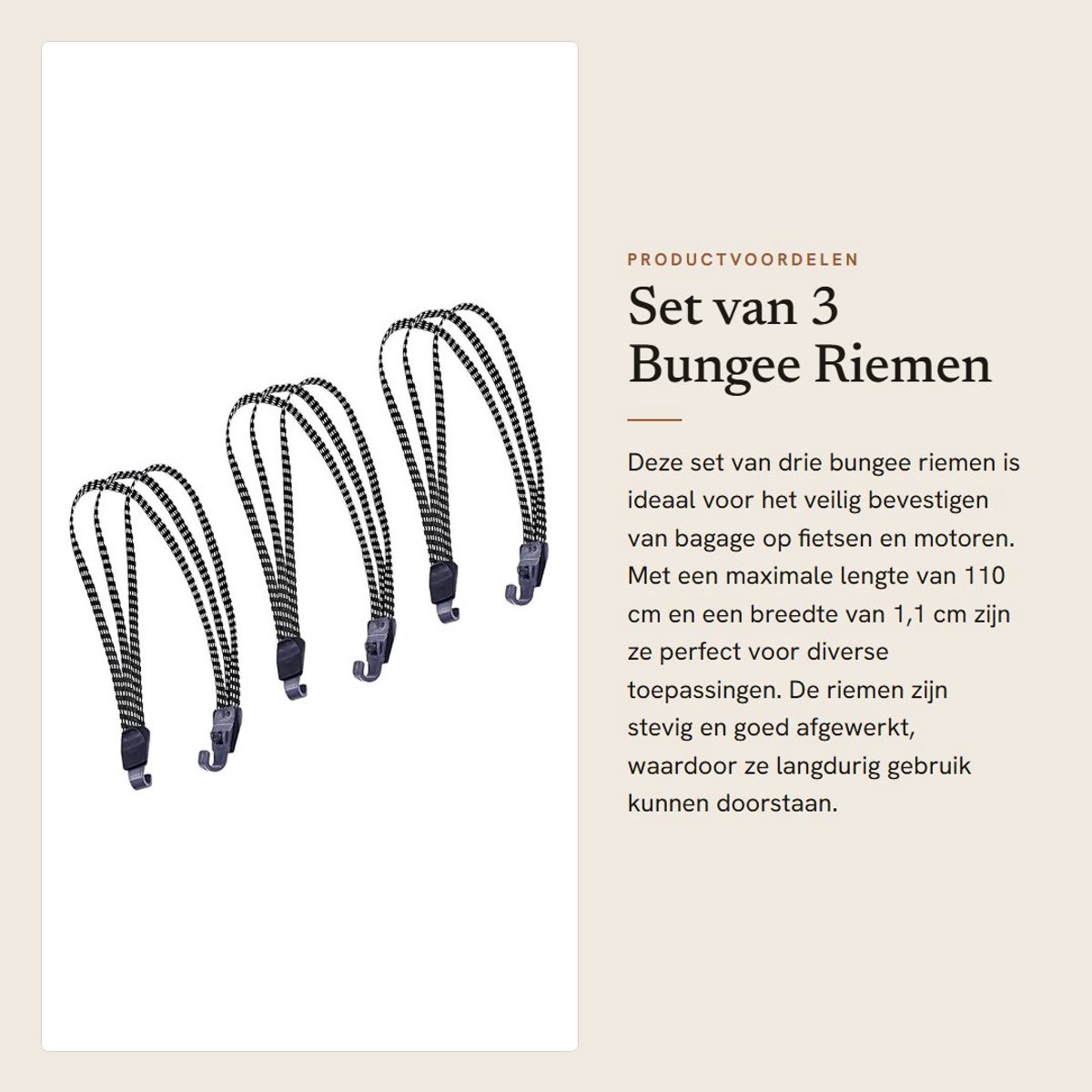 Dailygoods- Bungee Riemen 3 Stuks - Elastische Banden - Fietsenrek/Motorbagage - Totale Lengte 60/110 cm - Duurzaam/Nylon - Kunststof Haken - Bungee Koorden
