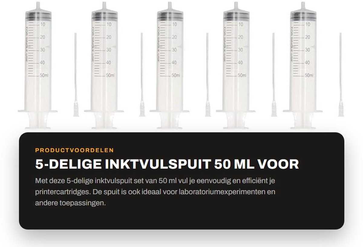 Dailygoods- Inkt Vulspuit 50 Ml - 5 Stuks - Duidelijke Schaalverdeling - Roestvrij Staal - PP-Kunststof - Voor Printercartridge/Laboratorium - Spuit