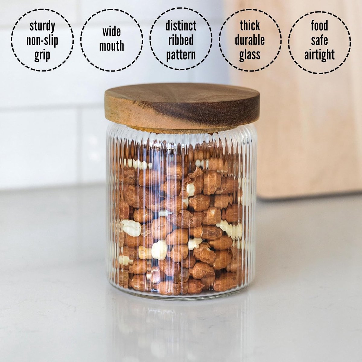 Geribbelde Glazen Pot met Houten Deksel - Set van 3 - Luchtdichte Geribbelde Voorraadpotten voor Voedsel, Thee, Koffie, Snoep & Kruiden - Opbergpotten voor Huis - Keuken - 650 ml - 9x15cm — cadeau in Wonen & Interieur - foto 4