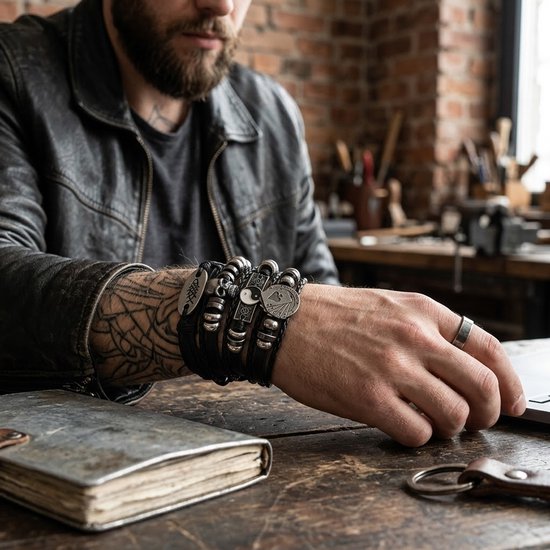Een man met tatoeages draagt meerdere zwartleren armbanden met metalen accenten, waaronder schedels en symbolen.