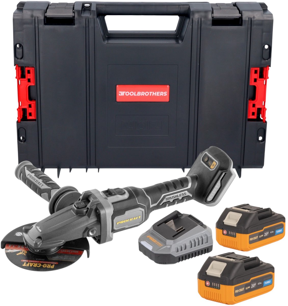 Procraft Industrial AG125Cbb accu vlakke hoekslijper 20 V 125 mm borstelloos + 2x accu 4,0 Ah + oplader + RHINO-gereedschapskoffer