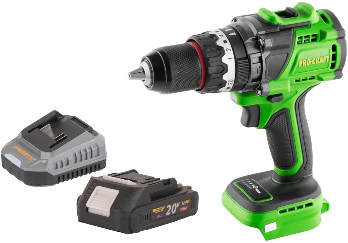 Procraft PA18ProBL-BB accu-klopboormachine 20 V 180 Nm borstelloos + 1x accu 2,0 Ah + oplader