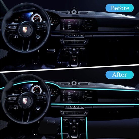 Interieur van een auto met blauwe led-sfeerverlichting. Voor en na installatie.