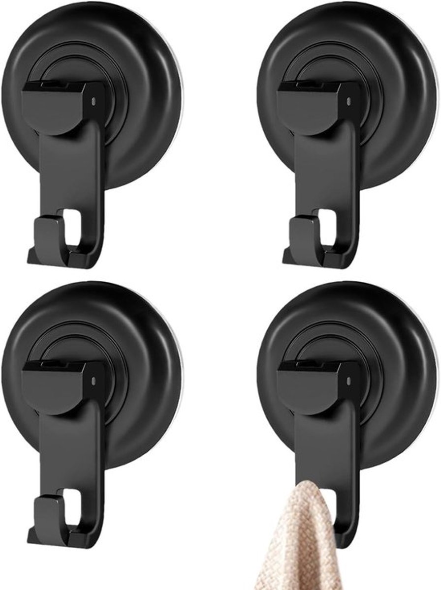 4 stuks - Zuighaken - Badkamerhaken - badkamer haak - Zuignaphaken voor in de badkamer - Zuignappen met haken - Handdoek Hanger - Badkameraccessoires - ABS - zwart - 5.48*7.62 cm-REWYTAZ