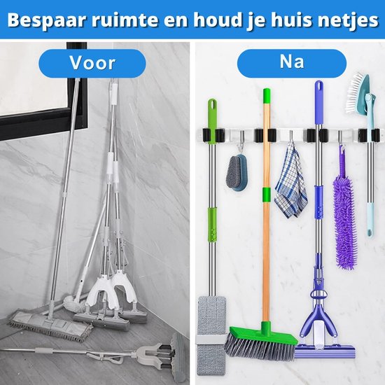 Bezemhouder Set van 2 Krachtige Grip en Ruimtebesparend - Gereedschapshouder Wand Voor Tuingereedschap en Schoonmaakartikelen - 8 Houders en 6 Haken - Zelfklevend en Schroefmontage in RVS Zilver van Merkloos	 — afbeelding 3