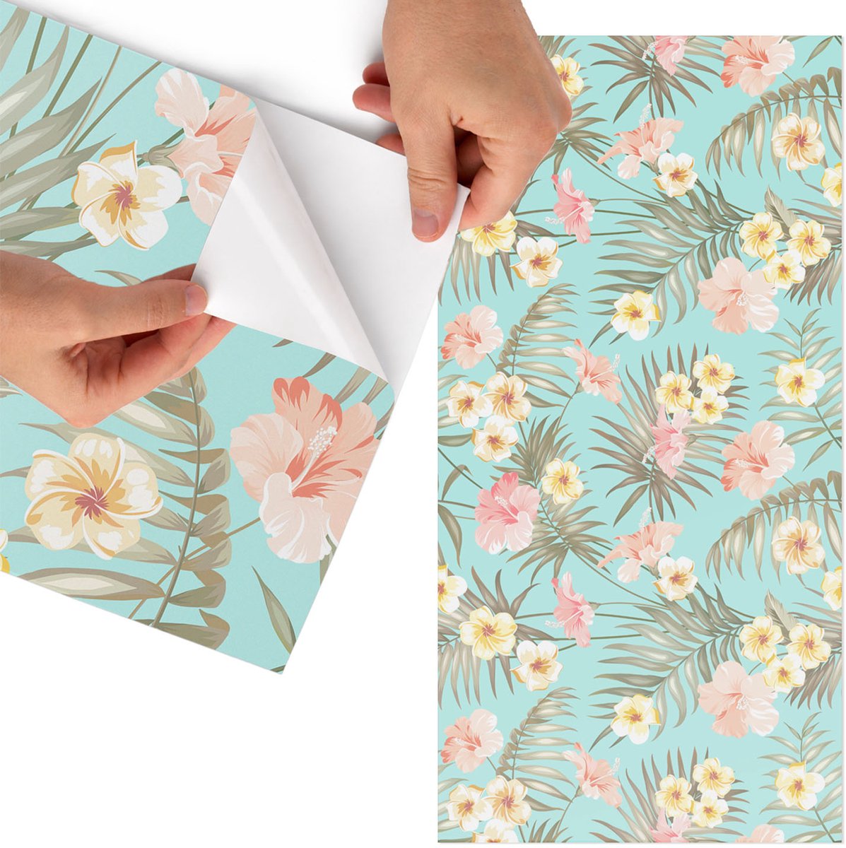 Tulup Meubelfolie - Exotische flora Plakfolie Meubels - 50x100 cm - Turkoois Meubelfolie - Meubelfolie Zelfklevend - Boho Meubelfolie - Wrapfolie Keuken - Wanddecoratie - Bloemen en planten