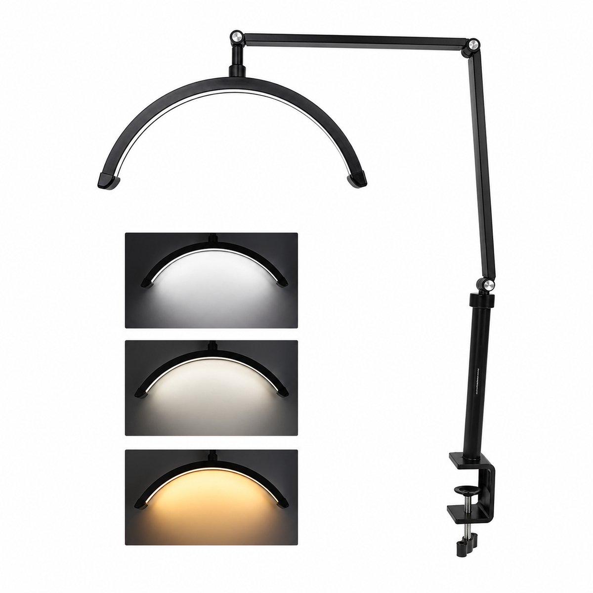 Zivv LED Studiolamp – HD-M3X Halvemaan - Dimbaar 3000K-6000K, 360° Verstelbaar, Bureaulamp met C-Klem, Perfect voor Beauty & Livestreams