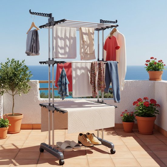 4-laagse Droogkledingrek, 6 opvouwbare vleugels en 2 draaibare armen, stevig frame, geschikt voor binnen/buiten gebruik, draagbare kledinghanger, voor appartementen, slaapkamers, balkons, grijs.