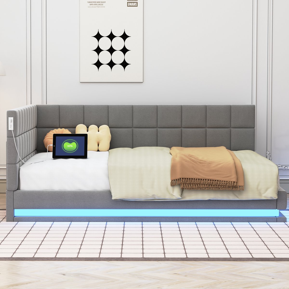 Wishdor Gestoffeerde Bedbank - 140 x 200 cm - Met Led-Lichtstrip en Usb-Aansluiting - Linnen Grijs - Inklapbaar 2-in-1 Design - Lattenbodem voor Stevige Ondersteuning - Perfect voor Kleine Ruimte of Thuiskantoor