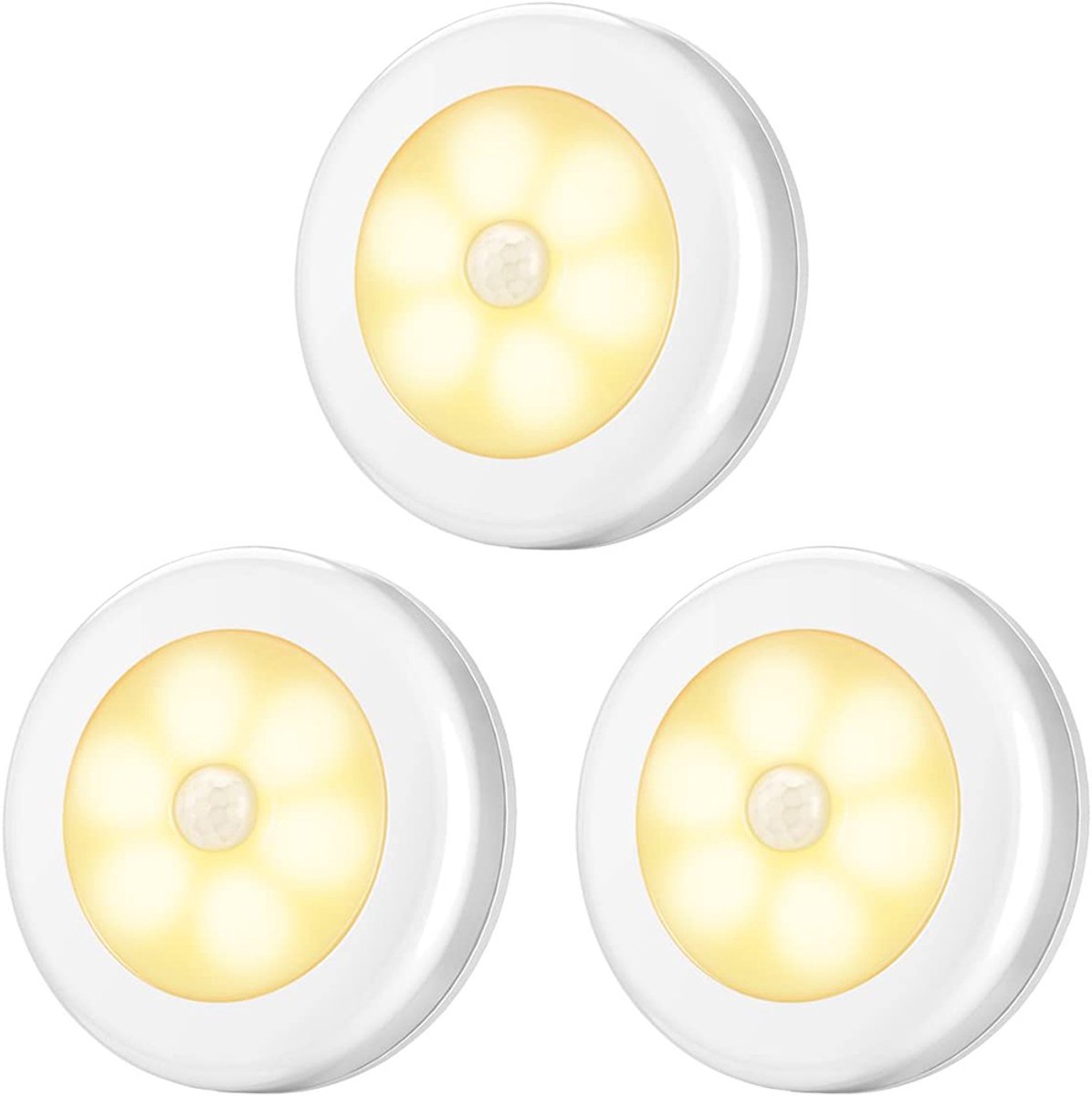 Oneay Verbeterde LED-lamp met bewegingssensor (8 cm) – Draadloze, op batterijen werkende plaklampen – Ideaal voor kast, trap, onderbouw, hal en keuken – Warm wit – Set van 3