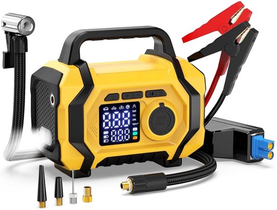 Jumpstarter Start Powerbank met Compressor 9-in-1, Auto-accu Startbooster 8000A 26800mAh (voor alle auto's of 10L diesel), Elektrische fietspomp 150psi met automatische stop