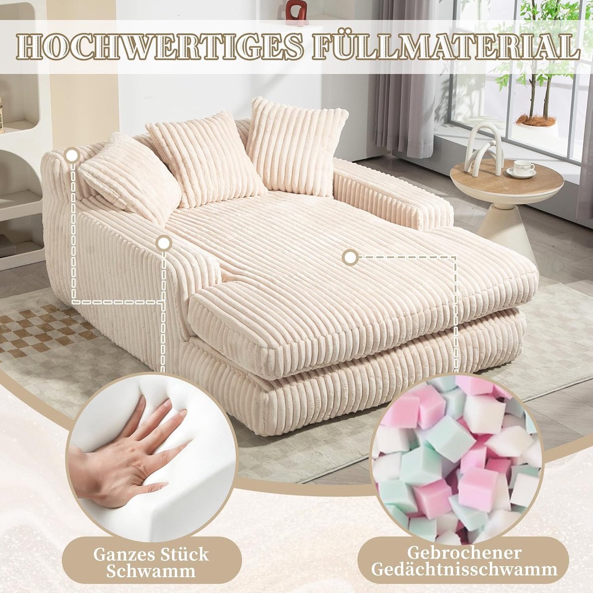 Vloersofa Slaapbank 125x155x63 cm Beige – Zachte Corduroy Cloud Couch met 3 Kussens, Moderne Futon Loungesofa voor Woonkamer, Studio, Slaapkamer & Kantoor – HomebyNicole