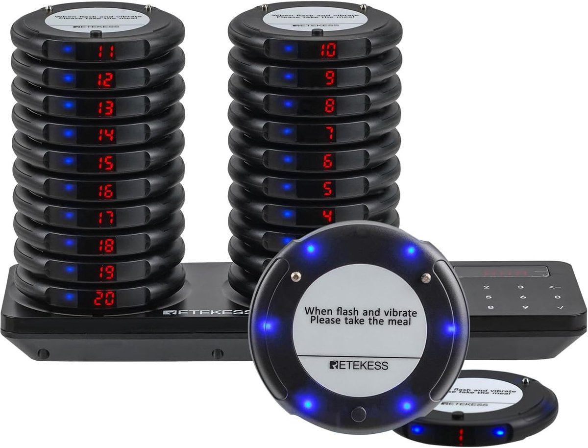 Oproepsysteem Restaurant 20 Pagers – 400m Bereik, Blauw LED, 31 Oproepmodi, Touchscreen, Tot 20 uur Stand-by
