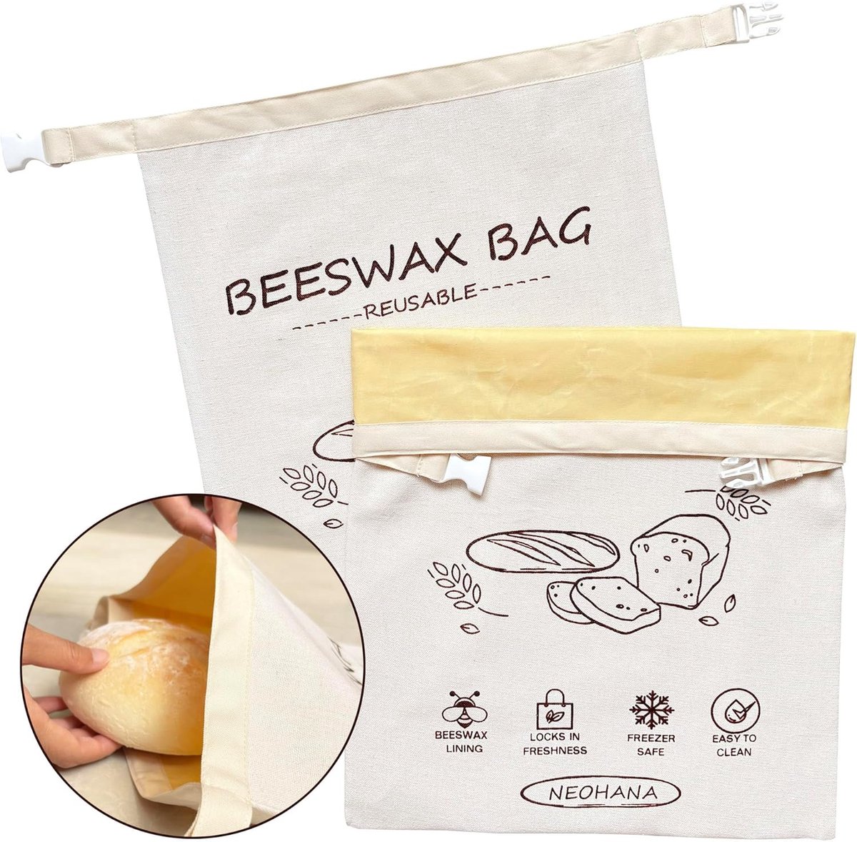 Set van 2 herbruikbare broodzakken van bijenwas - broodzakken voor zelfgebakken brood - bewaarzakken voor zuurdesembrood - linnen bewaarzakken voor voedsel - geschikt voor de vriezer - broodconservering - bakbenodigdheden — cadeau in Koken & Dineren - foto 2