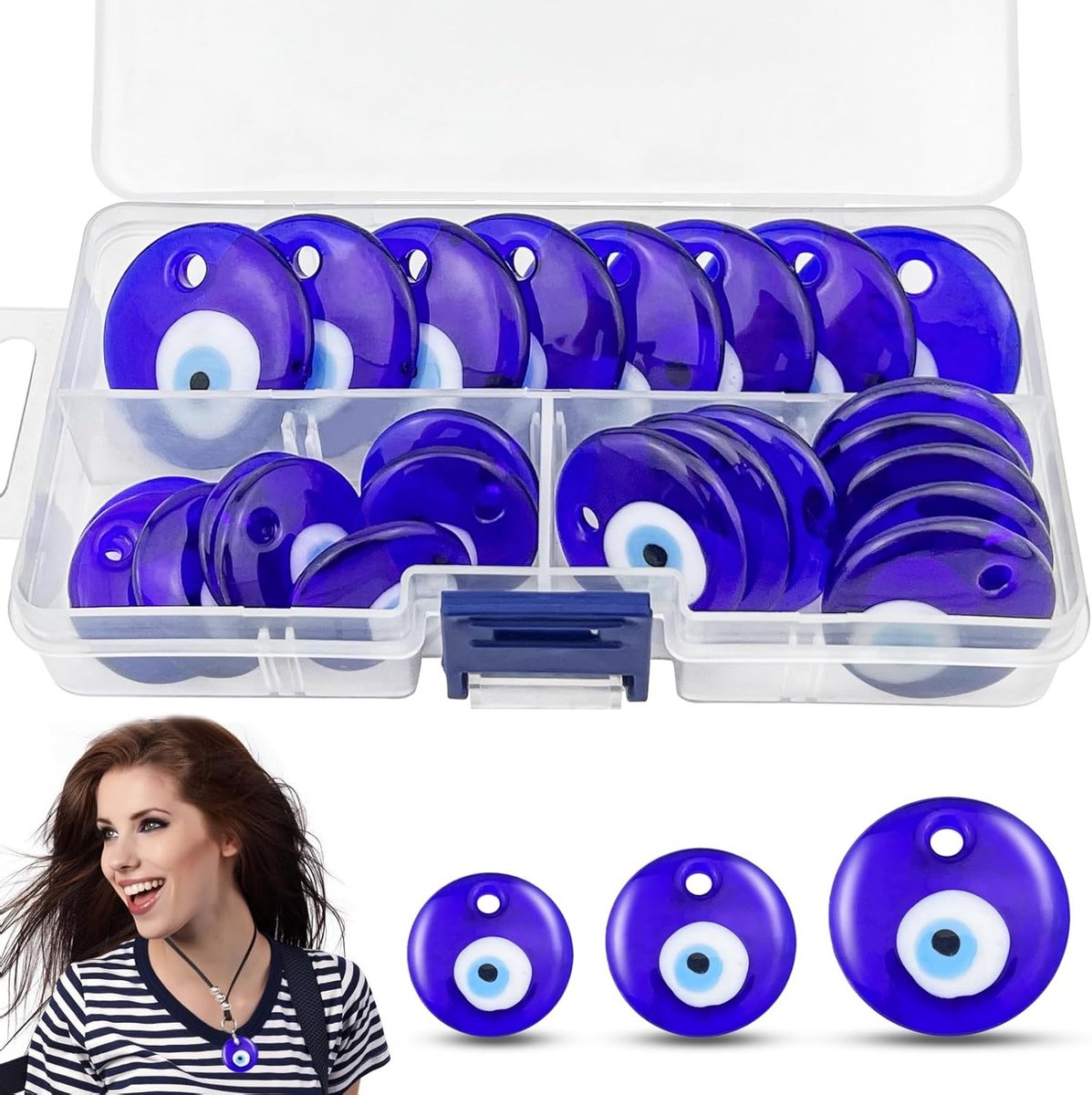 24 Stuks Turkse Oog Tegen Het Kwaad met Transparante Doos voor Sieraden, Sleutelhangers en Decoratie (3 Maten)
