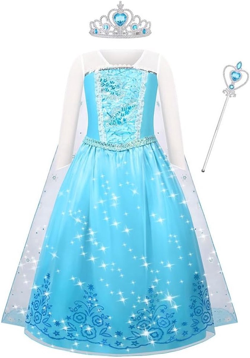 Elsa Prinsessen Kostuum met Magische Toverstaf en Tiara, Luxe Glanzende Sneeuwkoningin Outfit voor Verjaardag, Halloween, Cosplay en Feestjes