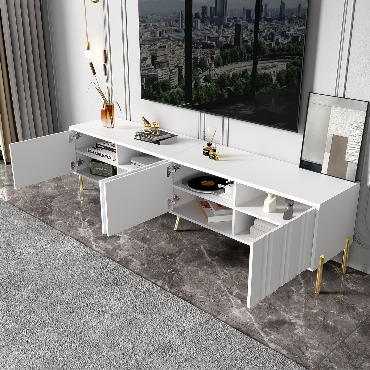 FloraGrace Tv Meubel - Vier Deuren Met Grote Opbergruimte - Voor Woonkamer - MDF En Spaanplaat - 190x38x48 Cm - Wit