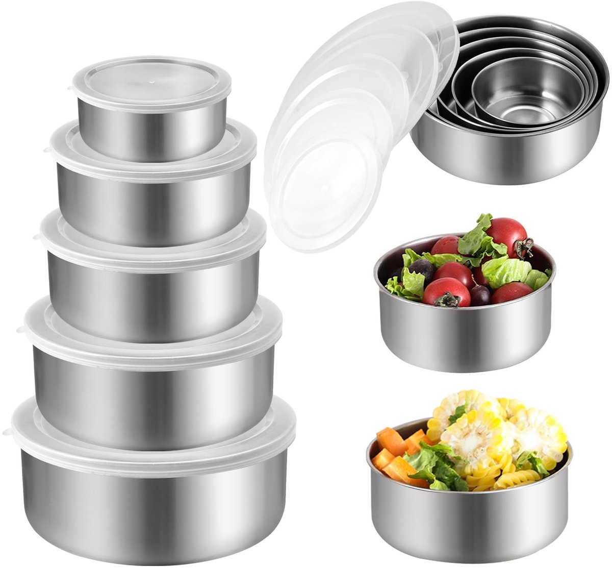 Allecto - Stainless steel bowl set - 5-delige set met deksel - Stapelbaar en vaatwasserbestendig - Ideaal voor koken en bakken - saladekommen -...