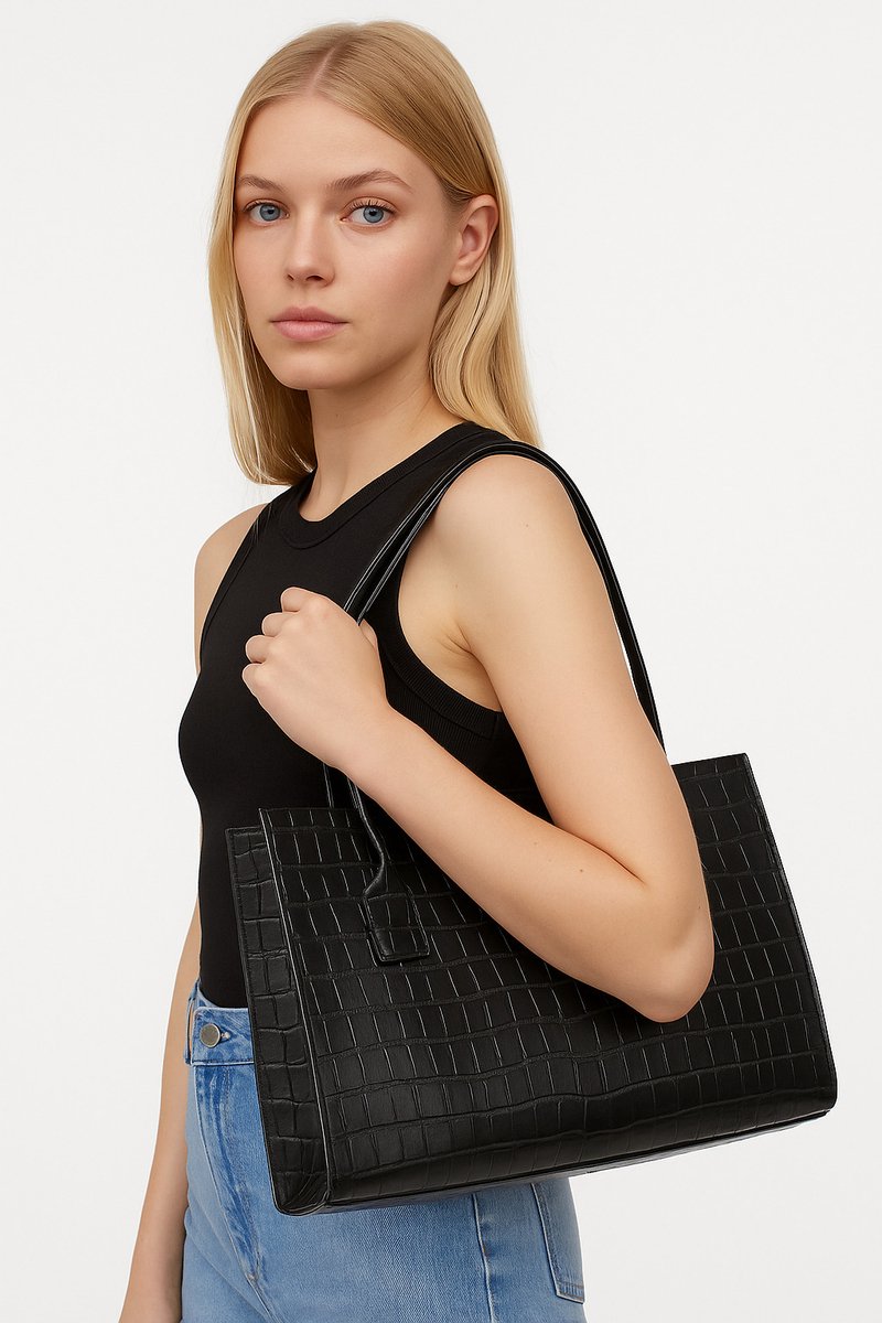 Worldstar Products © Dames Shopper Zwart Schoudertas Tote Tas Middelgrote Tas Met Structuur Ruime Handtas Mode Tas Voor Dagelijks Gebruik Werk En Winkelen