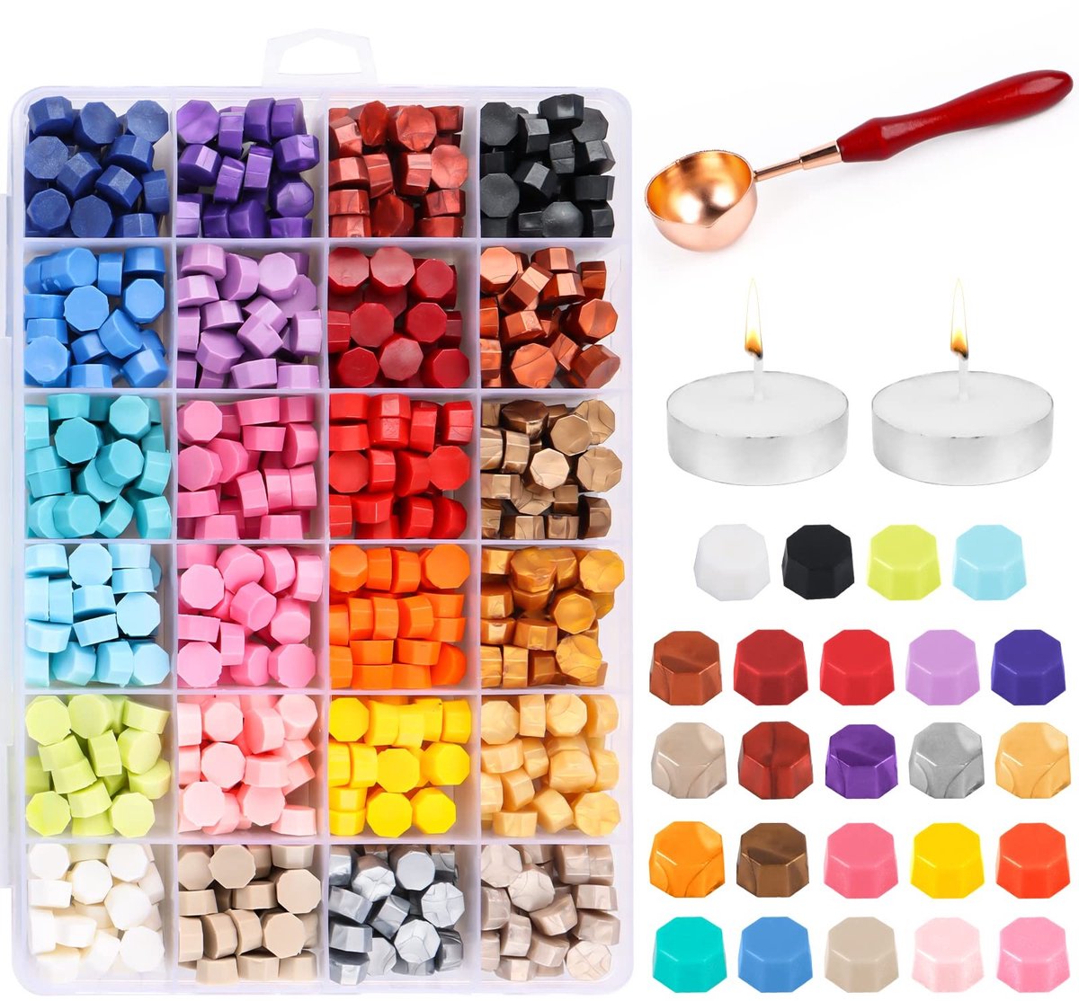 Allecto - Zegelwas - Kralenset - 600 stuks - 24 kleuren - Zegelwasparels - Perfect voor brieven en uitnodigingen - Inclusief smeltlepel en theelich...