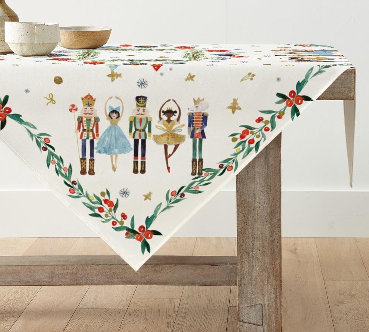 Allecto - Notenkraker Tafelkleed - Kerstmis Tafeldecoratie - 85 x 85 cm - Vrolijk Design - Duurzaam en Zacht - Geschikt voor Eettafel - Witte Kleur
