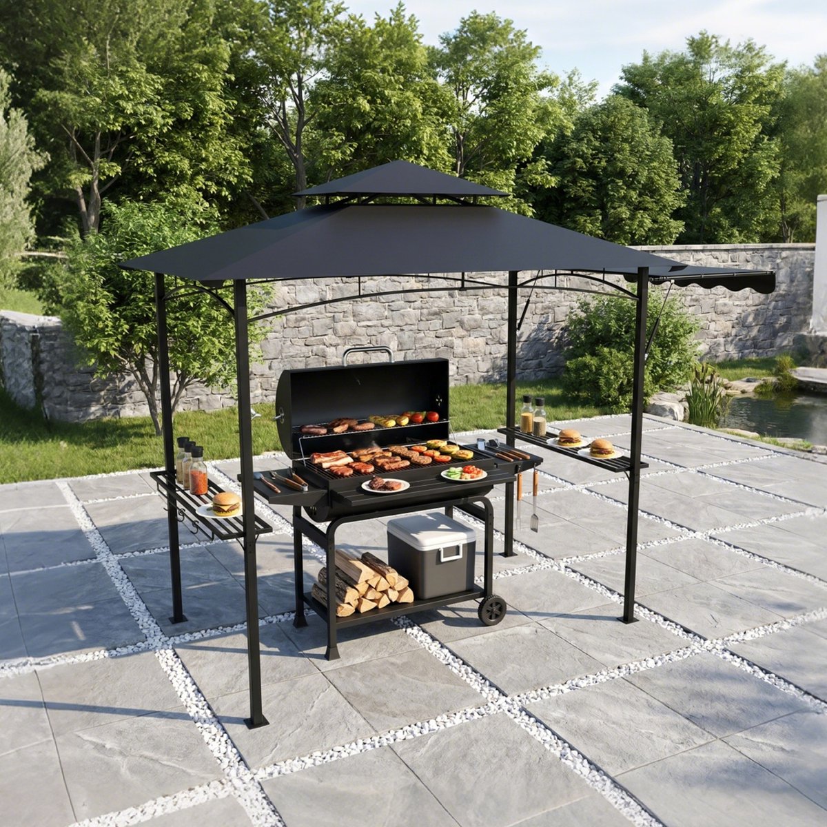 Froadp Barbecuepaviljoen met zijluifel Zwart barbecuepaviljoen met dubbel dak 245 x 141 cm voor in de tuin