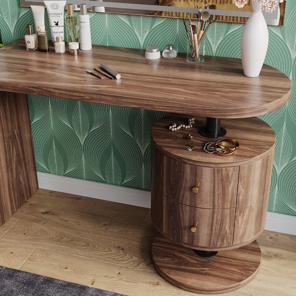Aurora Luxe Kaptafel met LED Spiegel en Kruk – 120 cm Rustiek Eiken, 2 Lades, 50 x 120 x 76 cm