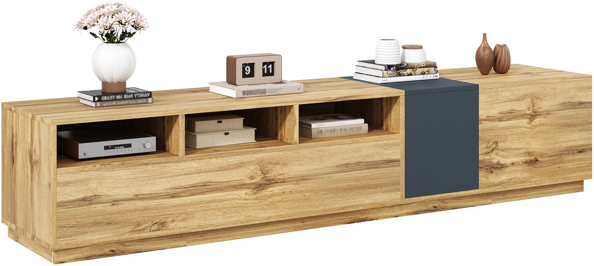 Clruro TV-Meubel - 200 cm - Met Open Vakken En Kabelgaten - Modern Design - Hout - Multikleur Zwart+Grijs