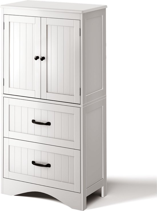Witte opbergkast met twee deuren bovenaan en twee lades. Zwarte knoppen.