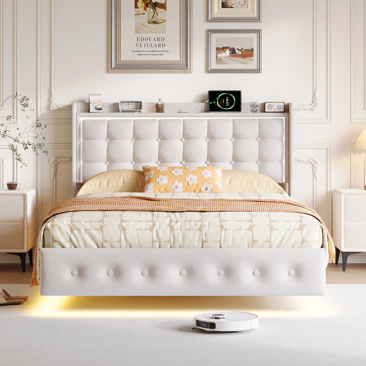 Solvenrik Zwevend Bed 160x200 Beige Velvet – met LED & USB-C
