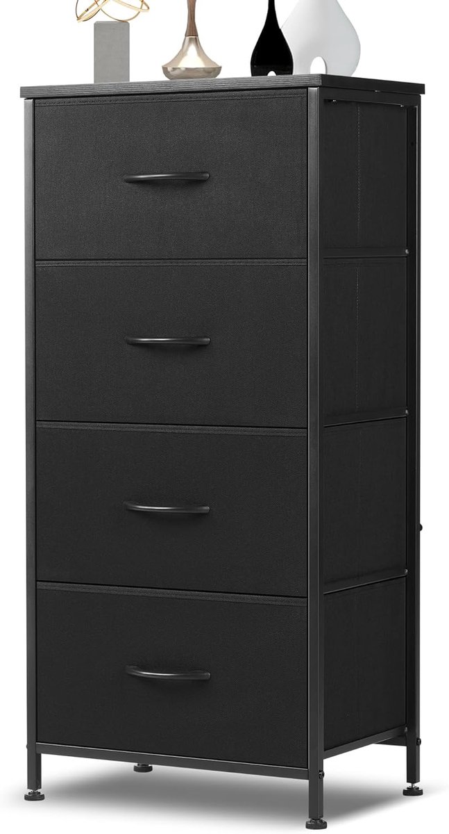 ladekast - Opbergkast met 4 lades – Stoffen ladekast met metalen frame – Vrijstaande kast voor slaapkamer/hal – Zwart – 44x30x95 cm