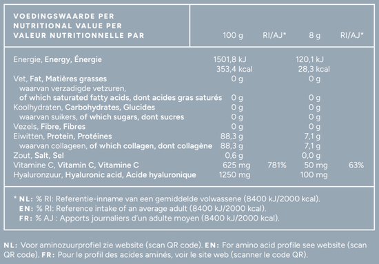 Voedingswaarde tabel van Mattisson Marine Collageen, met energie, vet, koolhydraten, eiwit en vitamine C.