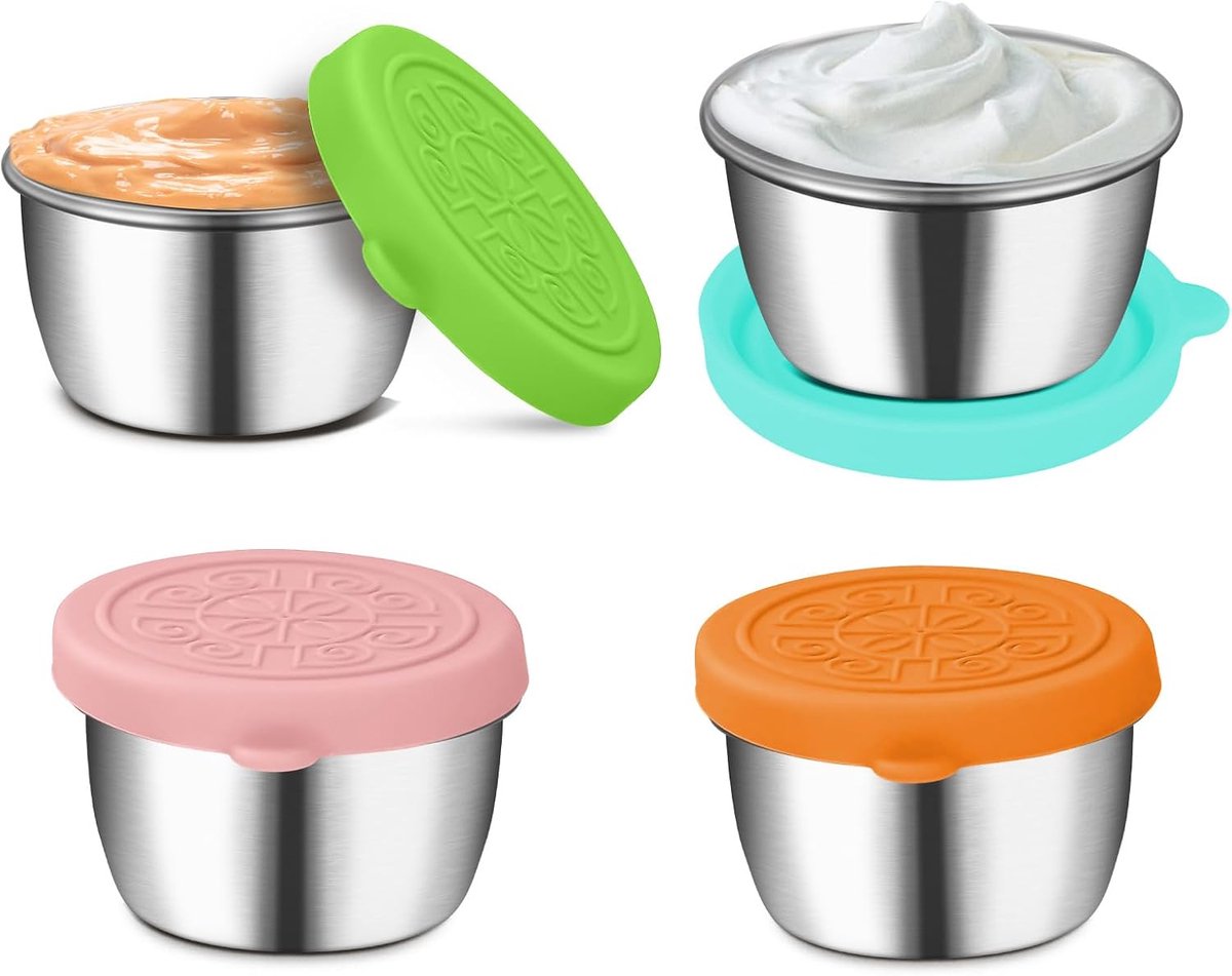 Salade Dressing Containers - 304 Roestvrij Staal Kruidenpotjes - 4 Stuks 50 ml - Lekvrij Siliconen Deksel - Voor Lunchbox Camping Meal Prep - Kleurrijk