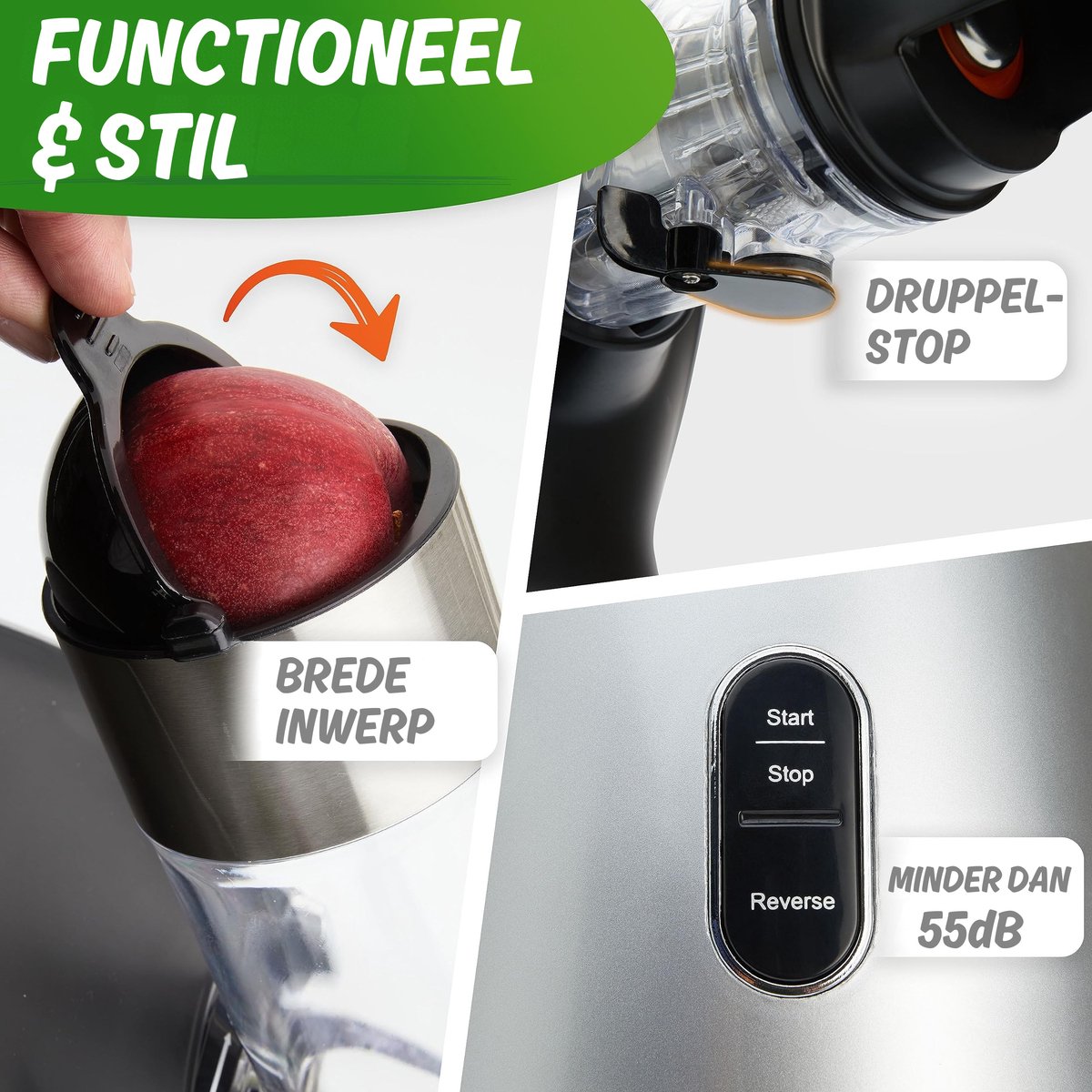Nutrilovers Green-Press Slow Juicer 304 roestvrij stalen slak, BPA-vrij, Duits merk, hele vruchten, selderij, groenten en fruit, sapcentrifuge, testwinnaar , allround sappers, elektrisch [Energieklasse A+++] thumbnail 3