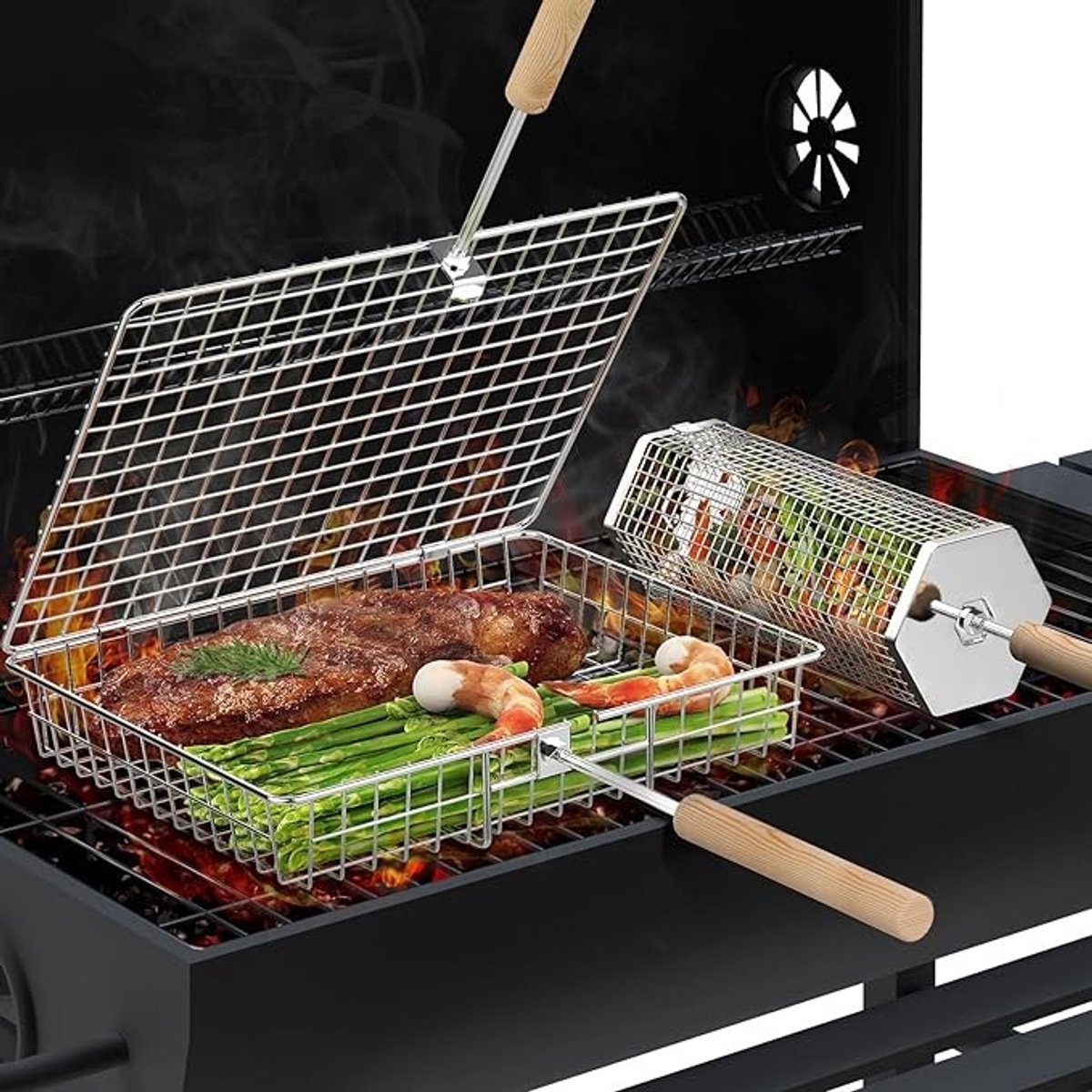 Grillmandenset met houten handgrepen - 304 RVS - Rechthoekig en achthoekig