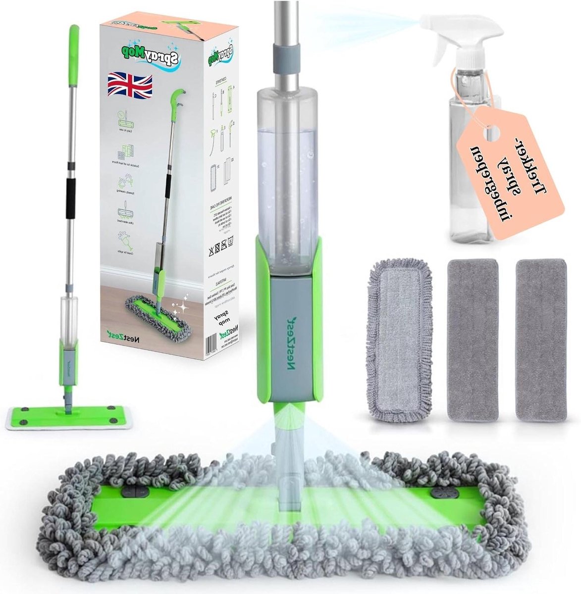 Vloer Mop - Spray Mop - Snelle Schoonmaak - 360 Graden Kop - 40 cm Breed - Grijs