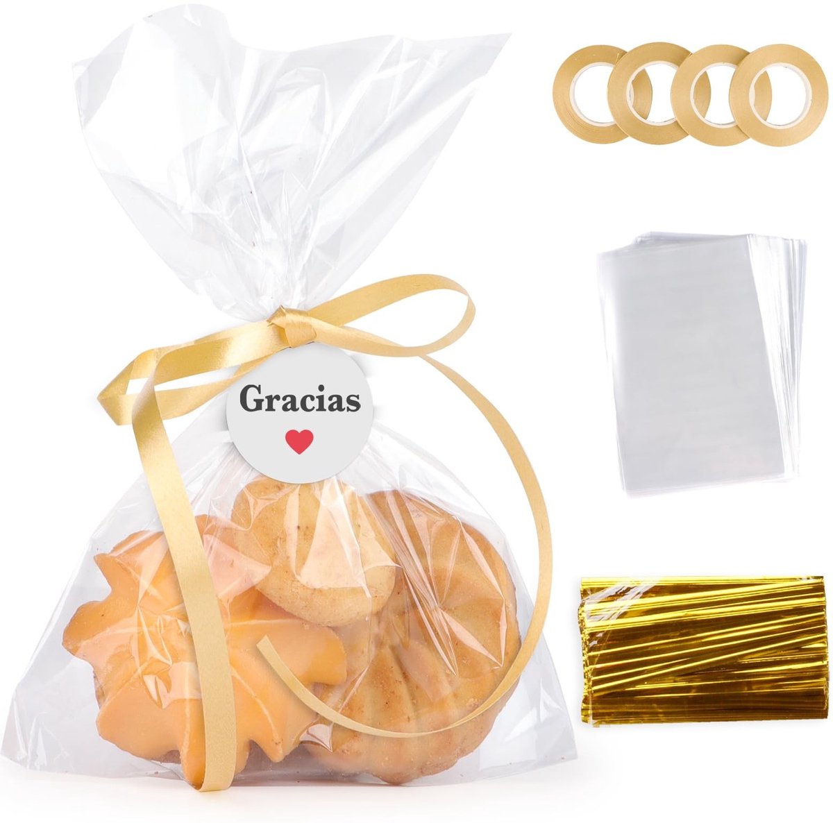 aladdien - 100 stuks cellofaanzakjes - Bedank-etiketten voor cadeauverpakkingen - Ideaal voor Kerstmis - Perfect voor snoep - Inclusief 120 stickers...