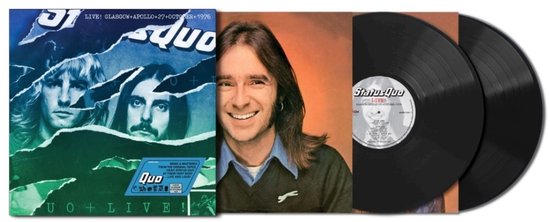 Status Quo 'Live in Glasgow' (2 LP) met scheur-effect hoes, een lachende man en twee vinylplaten.