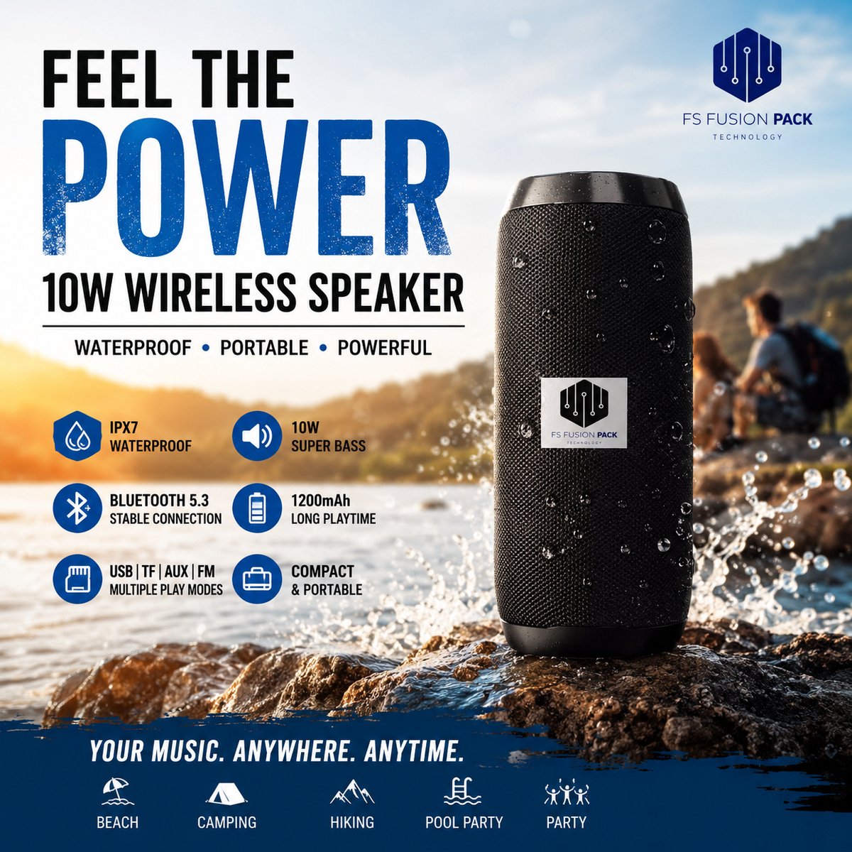 Premium Draadloze Draagbare Luidspreker 10W Wireless Speaker Waterproof FS Fusion Pack TG117 Draagbare Bluetooth Speaker – Waterproof IPX7 – Super Bass – USB/TF/FM – Outdoor Wireless Speaker – 10W – 1200mAh – Zwart- 2026-Cadeau-