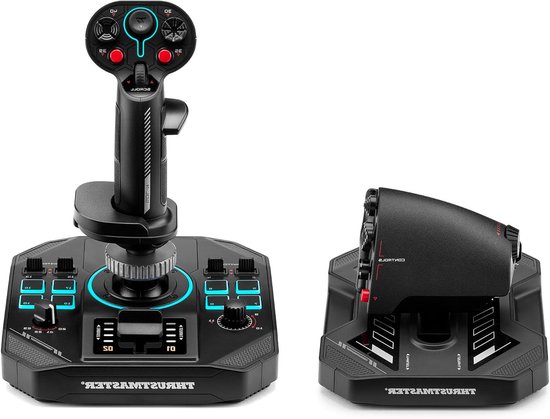 Manette de jeu et manette des gaz noires avec accents bleus.