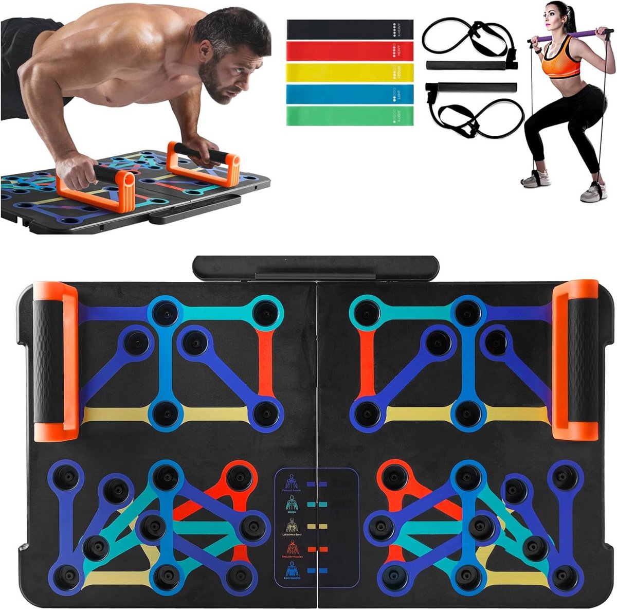 Draagbaar Push-Up Board Set met Weerstandsbanden en Pilates Stang voor Full Body Thuistraining