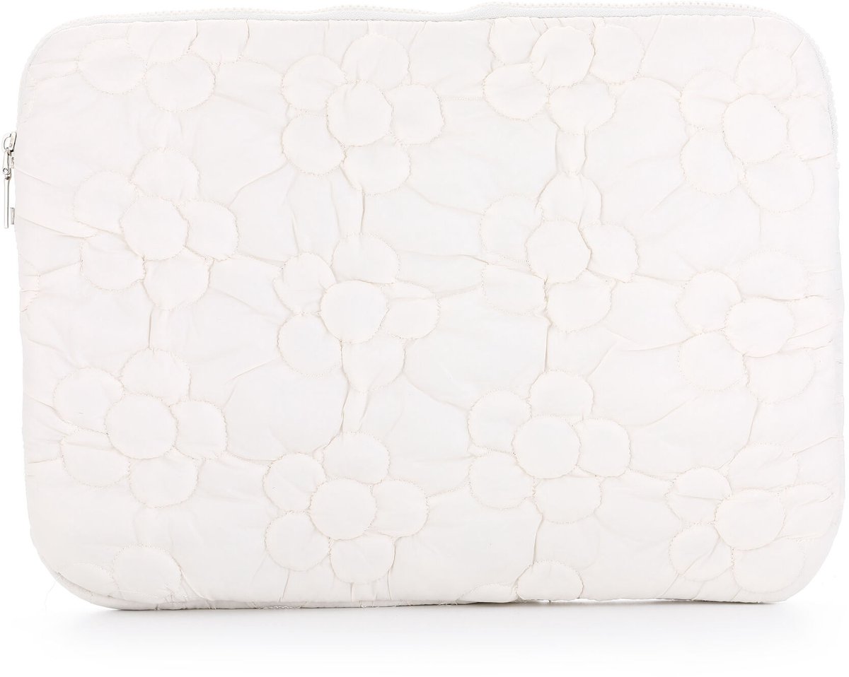 Gevoerde Laptophoes met Reliëf Bloemenpatroon – Schokbestendige Laptop Sleeve – Modieuze Beschermhoes met Puffer-Effect en Ritssluiting - Wit