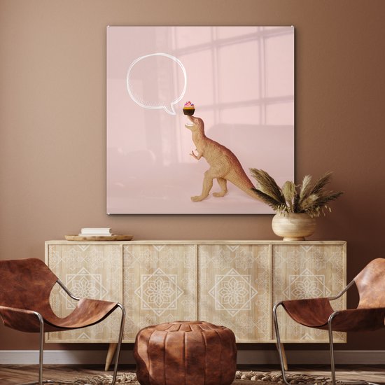 MuchoWow ® Peinture sur Verre - speelgoed Dinosaurus - Cupcake - Rose - 90x90 cm - Peintures sur Verre Peintures - Photo sur Glas