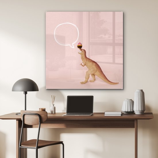 MuchoWow ® Peinture sur Verre - speelgoed Dinosaurus - Cupcake - Rose - 90x90 cm - Peintures sur Verre Peintures - Photo sur Glas