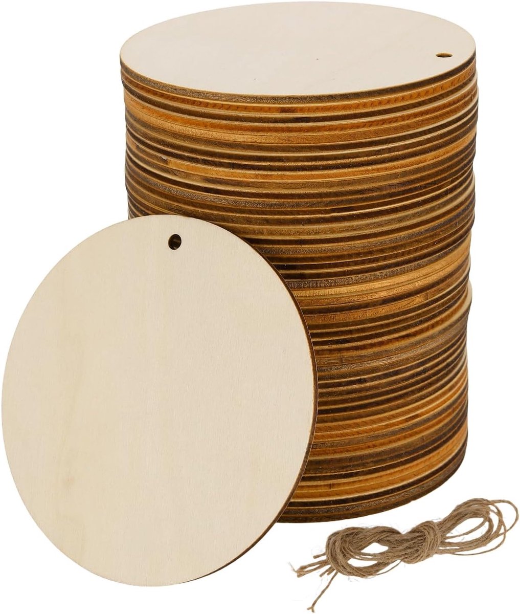 Natuurlijke Houten Schijven 10cm - 50 Stuks, 2.5mm Dikke Onbewerkte Houtschijven met Gat voor DIY Creaties en Ambachten