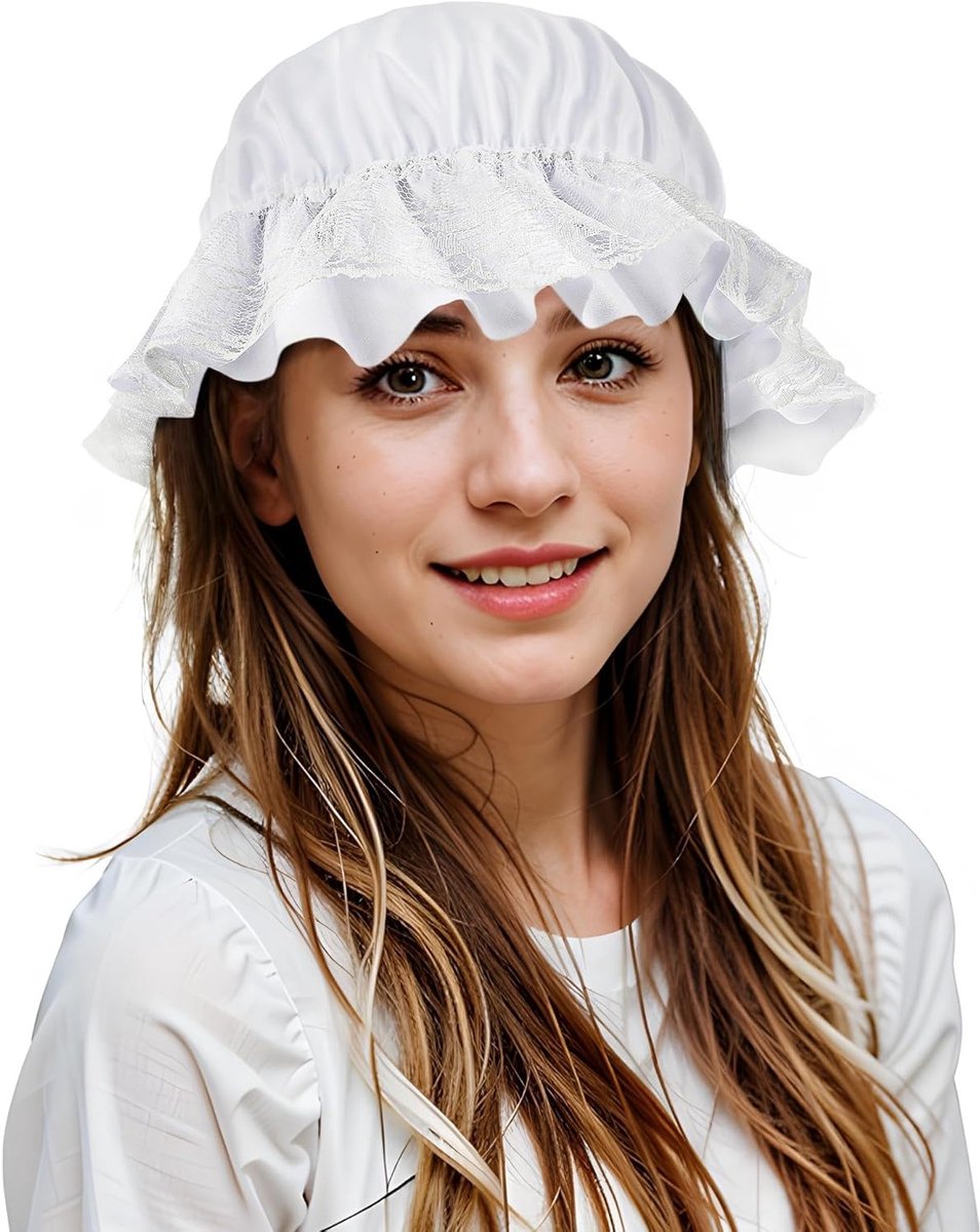 Witte slaapmuts in koloniale stijl met kanten boord en elastische band voor Halloween kostuumaccessoires en themafeesten