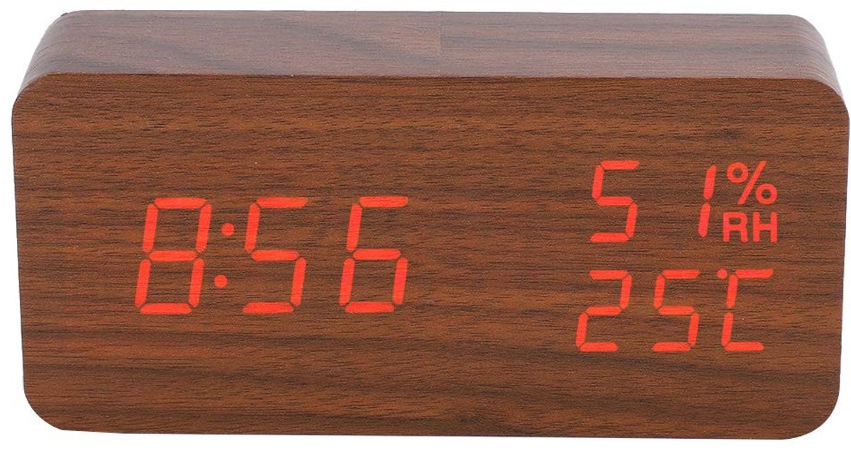 ONF3 - Houten digitale wekker - LED wekker - Instelbare helderheid - Bruin - Spraakbesturing - Geschikt voor slaapkamer - Thuiskantoor