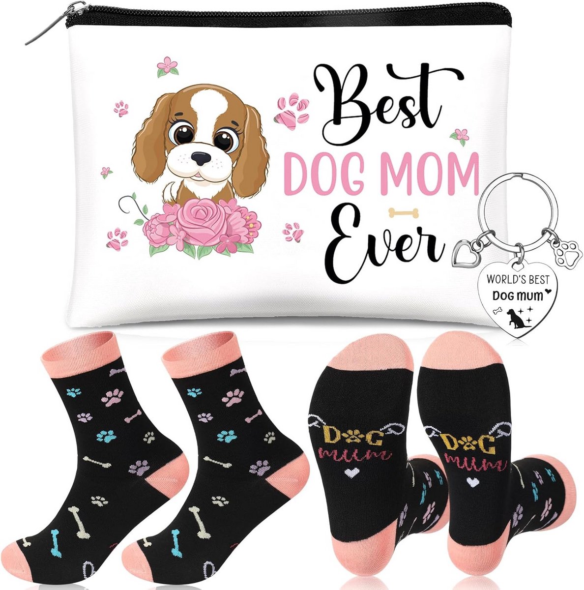 Cadeauset voor Hondenbezitters: Hondensokken, Make-uptas en Sleutelhanger