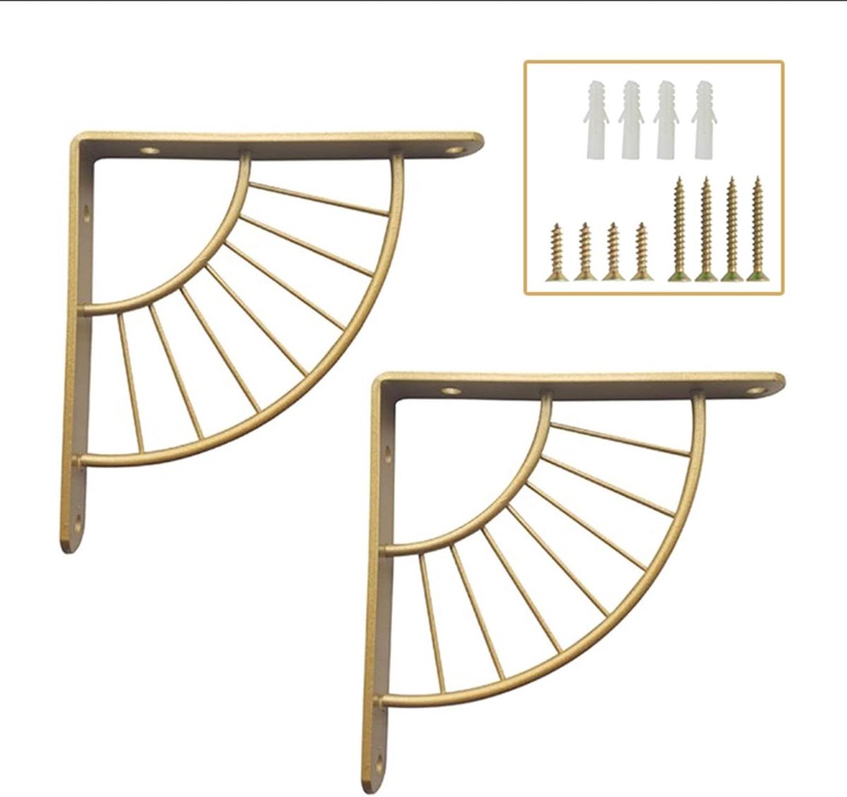 Wandsteunen Set - Plankdragers - Opbergen Thuis - Uniek Waaiervormig Design - 2 Stuks 15cm - Goudkleurig
