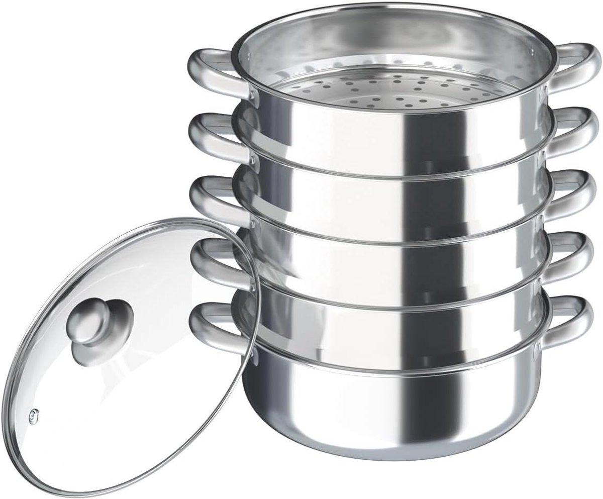 Stoompan Set Stoomkoker Gezond Koken 5 Lagen Roestvrij Staal 30 cm Diameter Zilver